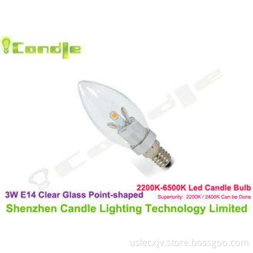 2400k 3 Watt Led Candle Bulb E14 Point Shaped Clear Glass 2